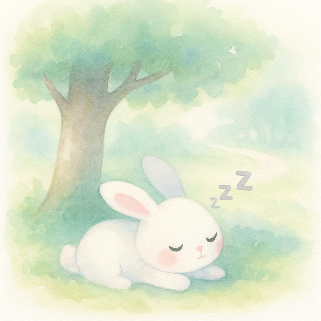 토끼가 나무 그늘에서 잠들어 있는 장면